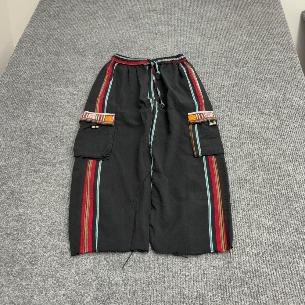 Vintage Unbranded Cargo Pants Unisex M Black Cotton Striped Block Print Boho